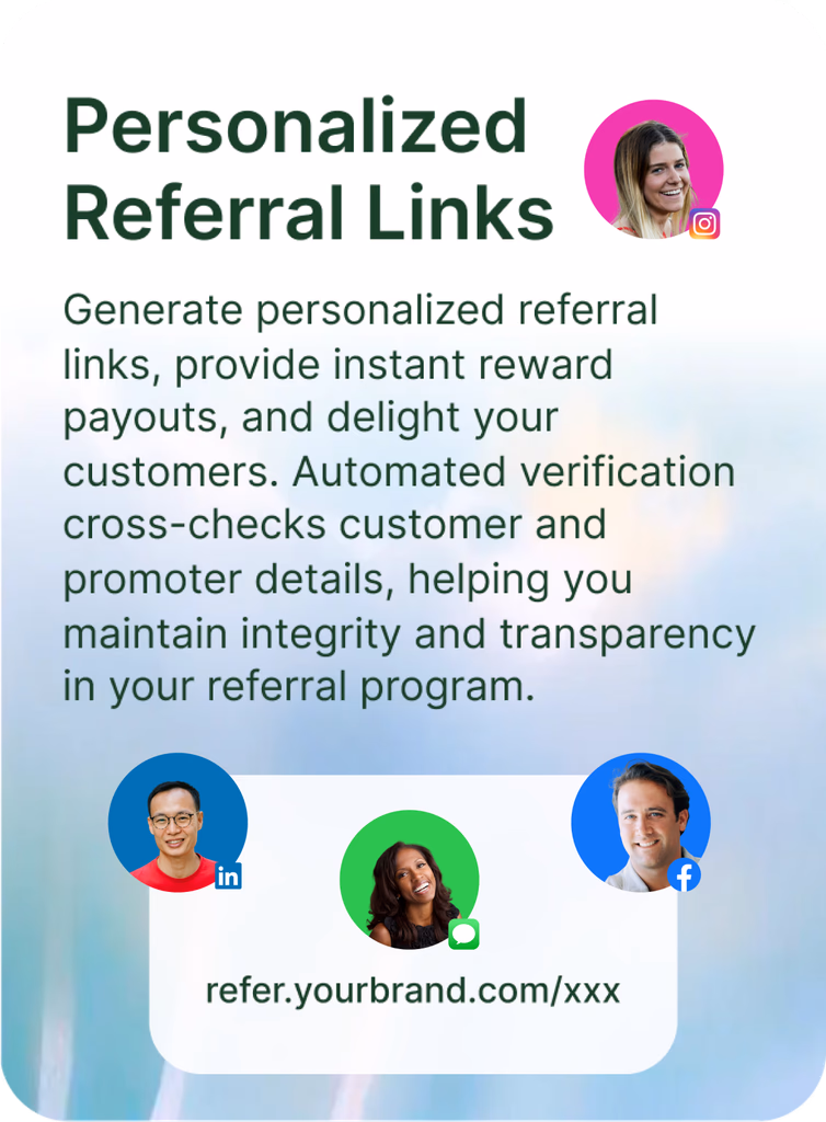 Screenshot of Clicki's personalized referral link dashboard showing unique trackable links for promoters to share via text, email, and social media